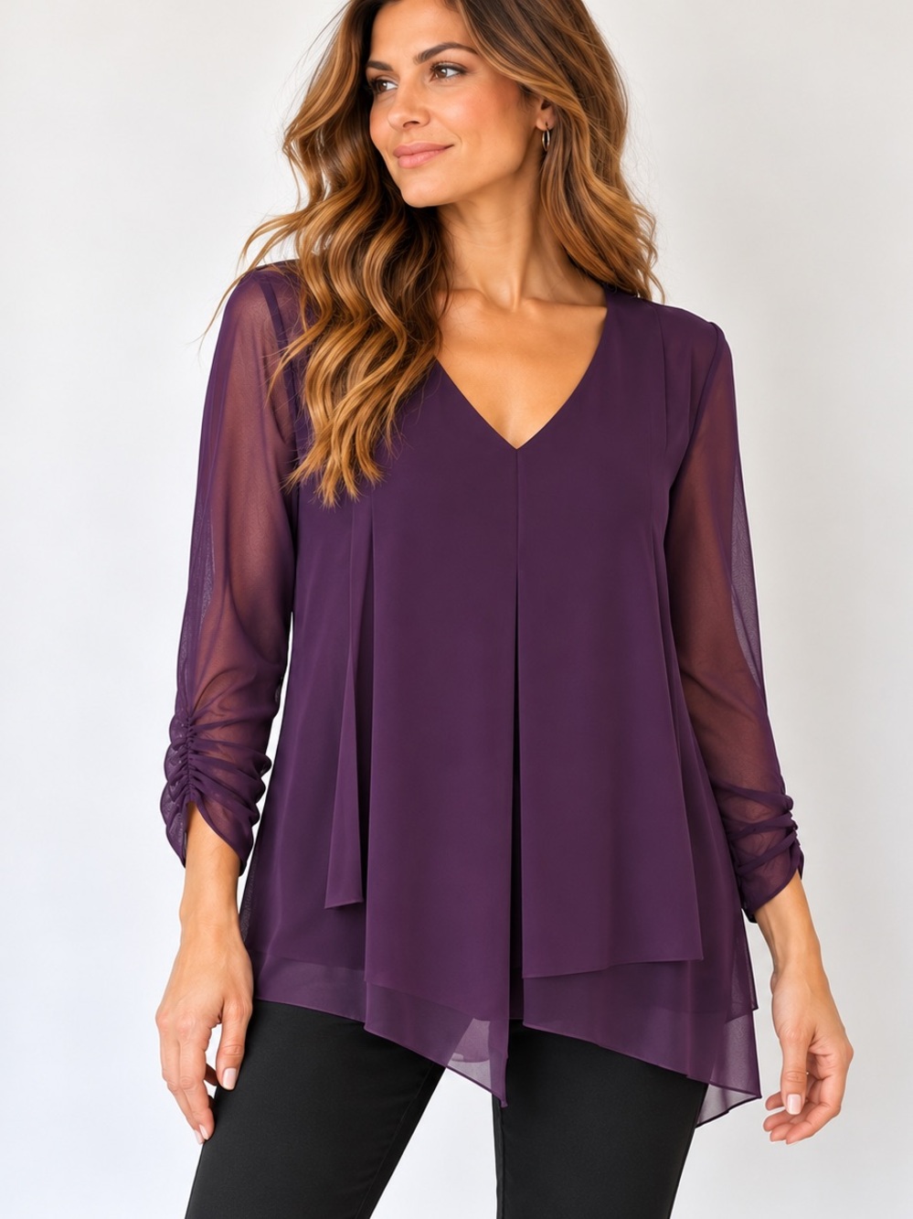 Alfani Plum Purple Sheer Mesh Layered Asymmetrical Tunic Blouse